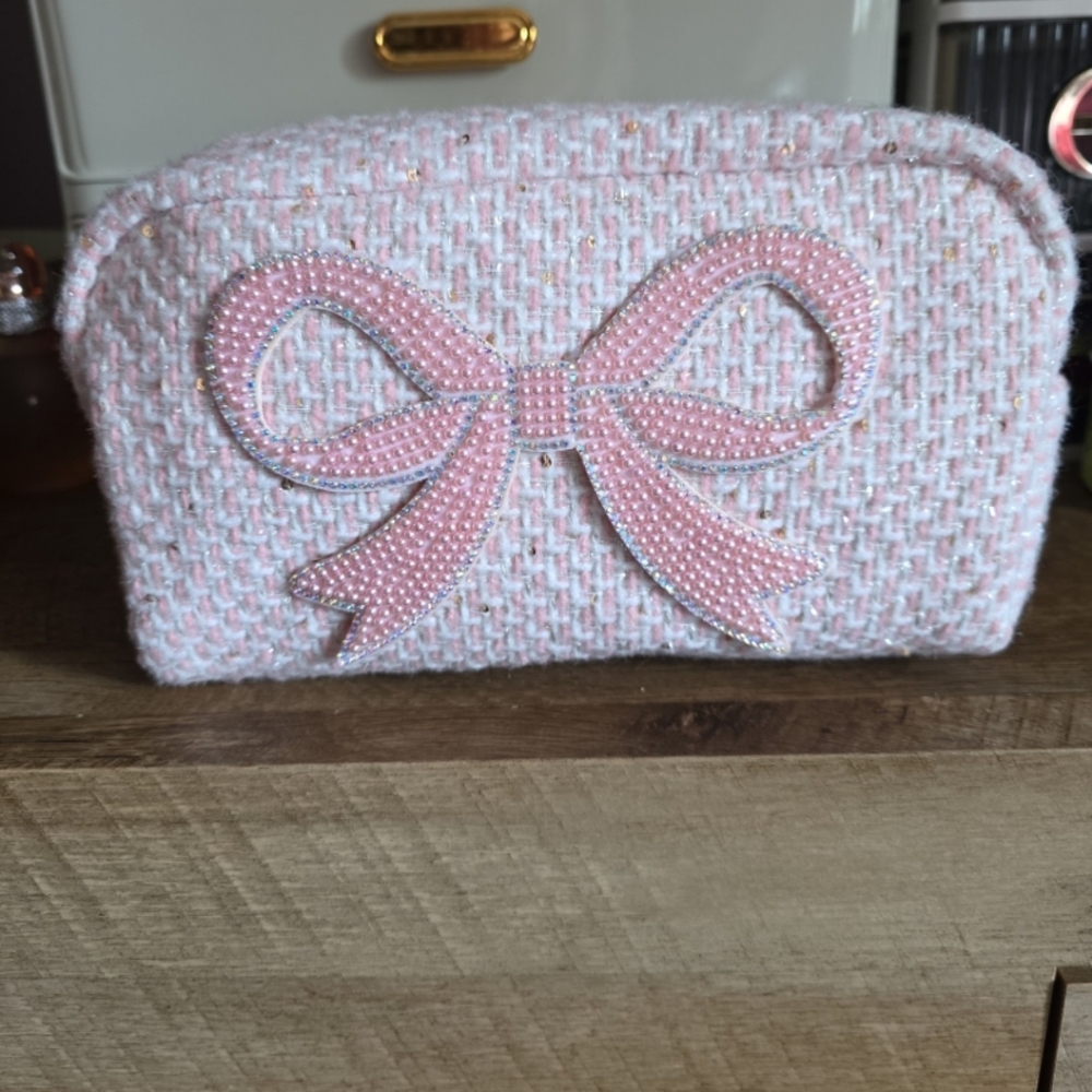 Pink Bow Tweed Cosmetic Bag